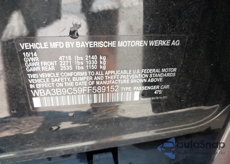 2015 BMW 335I xDrive из США, поврежденный, VIN WBA3B9C59FF589152